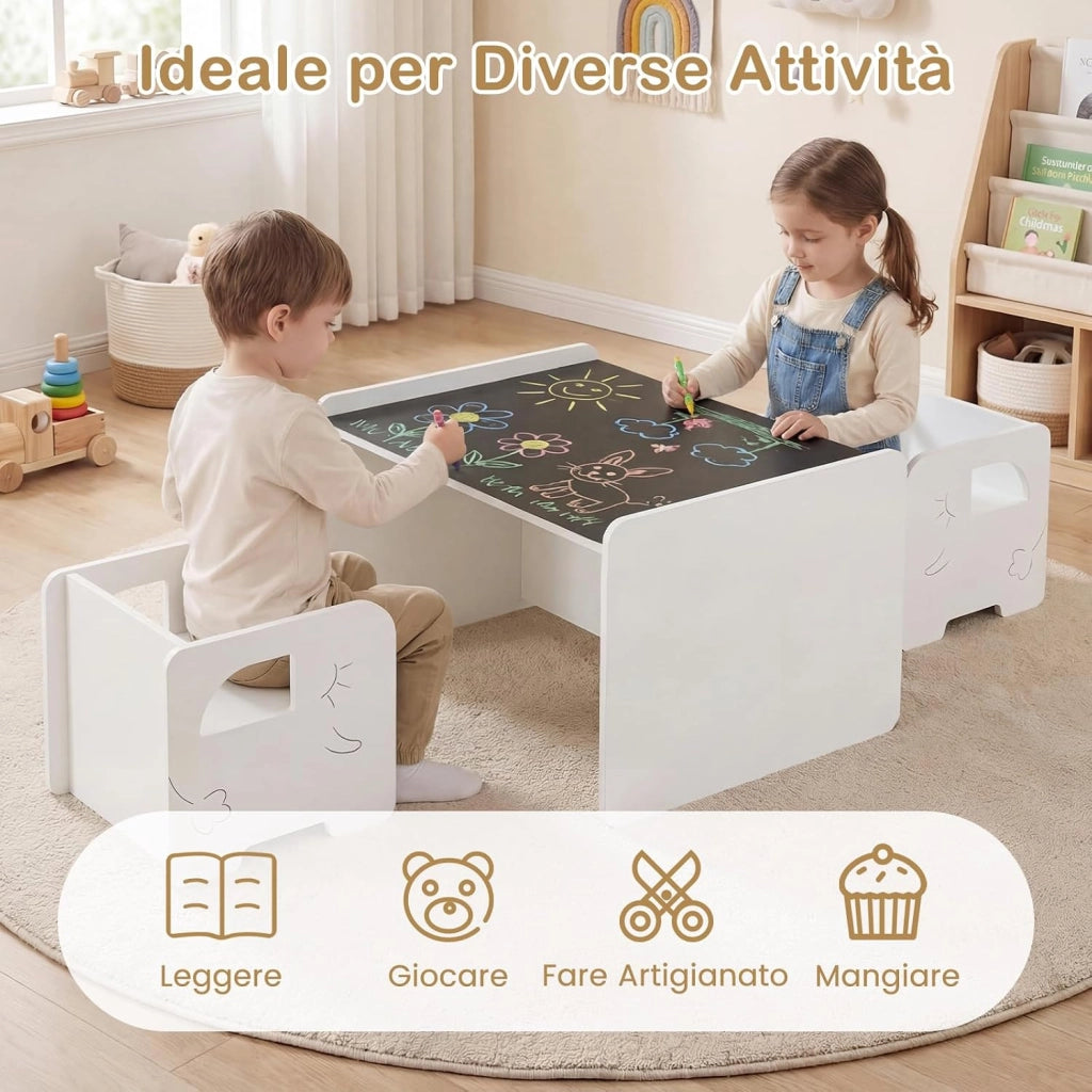 Set Tavolo e 2 Sedie per Bambini, Tavolo e Sedie Salvaspazio per Bambini 3+ Anni con Lavagna per Disegnare e Piedini Antiscivolo, per Camerette, Soggiorno e Studio (Bianco)