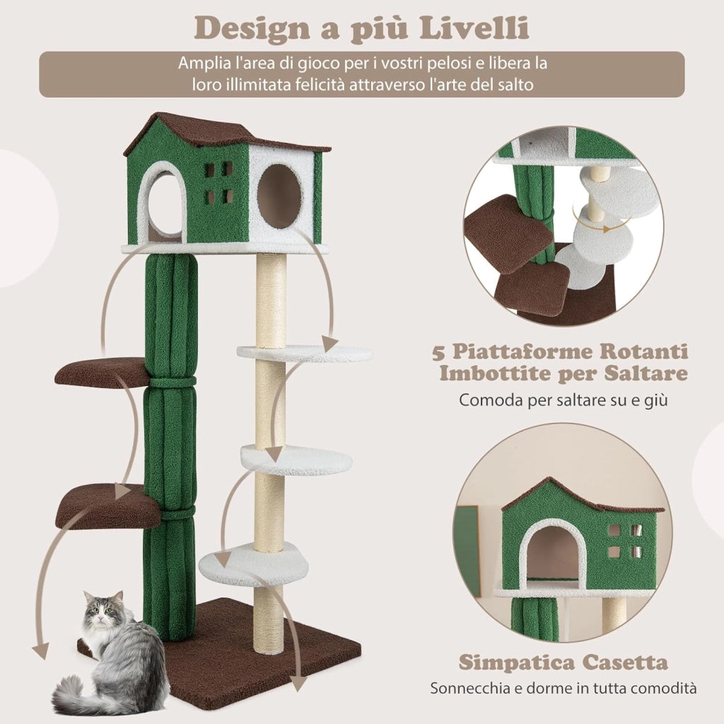 Tiragraffi per Gatti alto 153 cm, Albero Tiragraffi con Cuccia, Tiragraffi Rivestito in Sisal, 5 Piattaforme e Dispositivo Antiribaltamento,Tiragraffi per Gatti Adulti e Gattini
