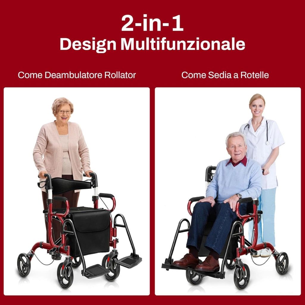 Deambulatore 2 in 1 per Anziani in Alluminio, Rollator Pieghevole e Regolabile in Altezza con Sedia, Schienale Reversibile, Manici Regolabili, Ruote, Poggiapiedi e Borsa Rimovibile (Rosso)