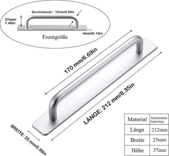 Due maniglie autoadesive per mobili, maniglie in alluminio per armadi, maniglie da carico, maniglie per porte, senza foratura, maniglia per armadi a muro, cucina, porte scorrevoli, porte finestre, 212 mm, argento.