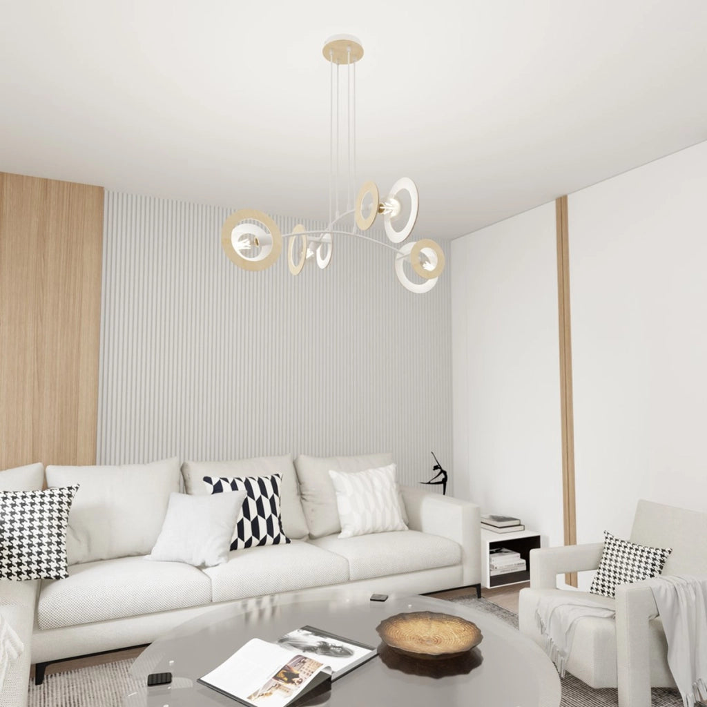 Lampada a sospensione Skiva in acciaio bianco e legno