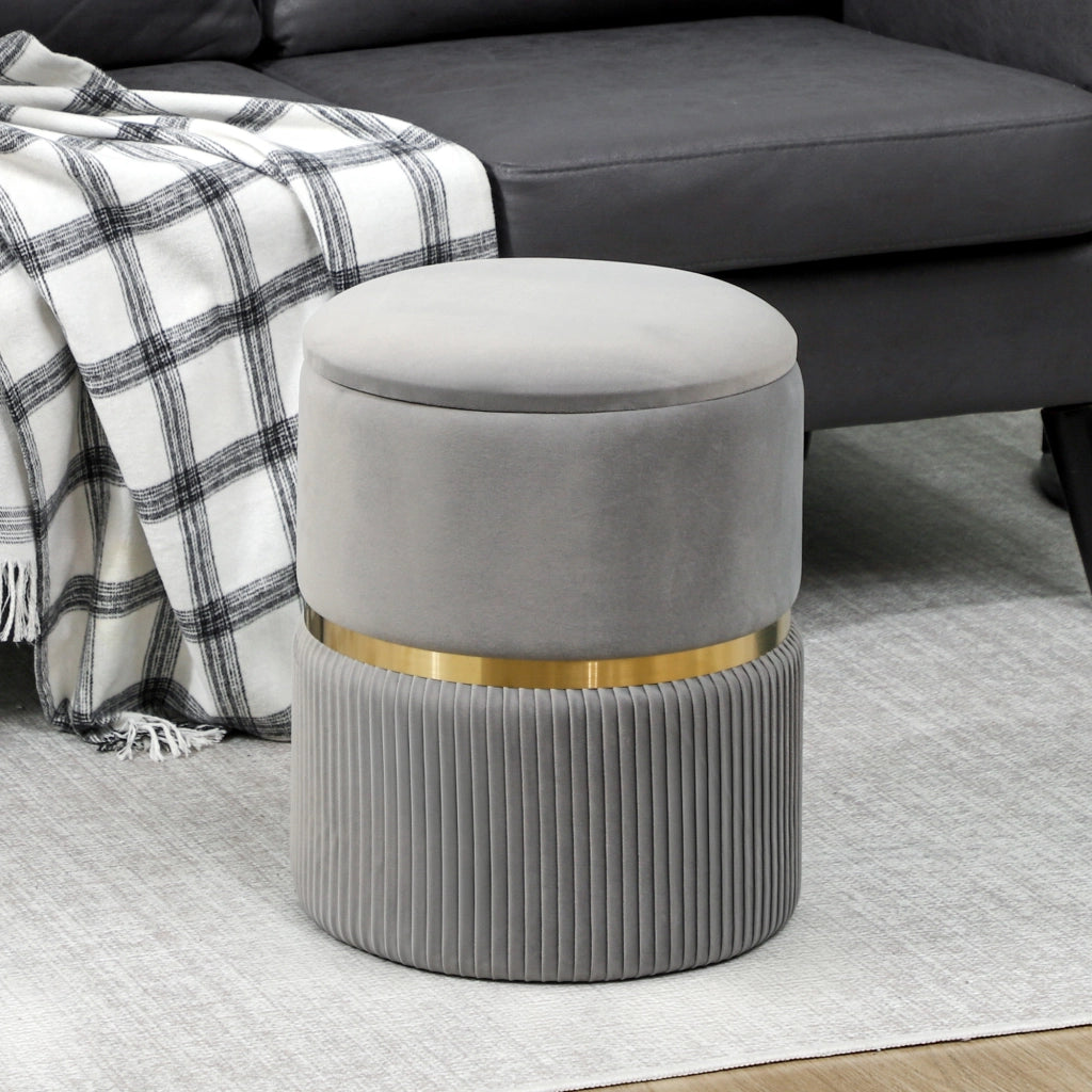 Pouf Contenitore Rotondo ¨C Xylo ¨C Velluto Grigio Chiaro con Coperchio Rimovibile