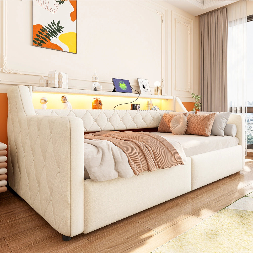Letto divano 90 × 200 cm con contenitore idraulico, LED, USB e Type C, senza materasso, beige moderno