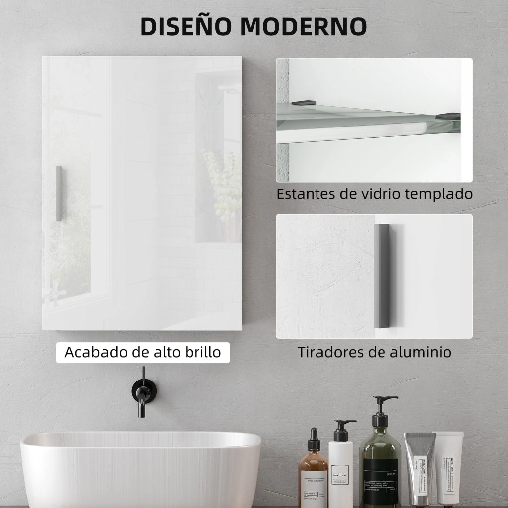 Armadietto da Bagno Sospeso con Ripiani in Vetro Temperato Regolabili ¨C Zephmum ¨C Bianco Lucido 40x15x55 cm