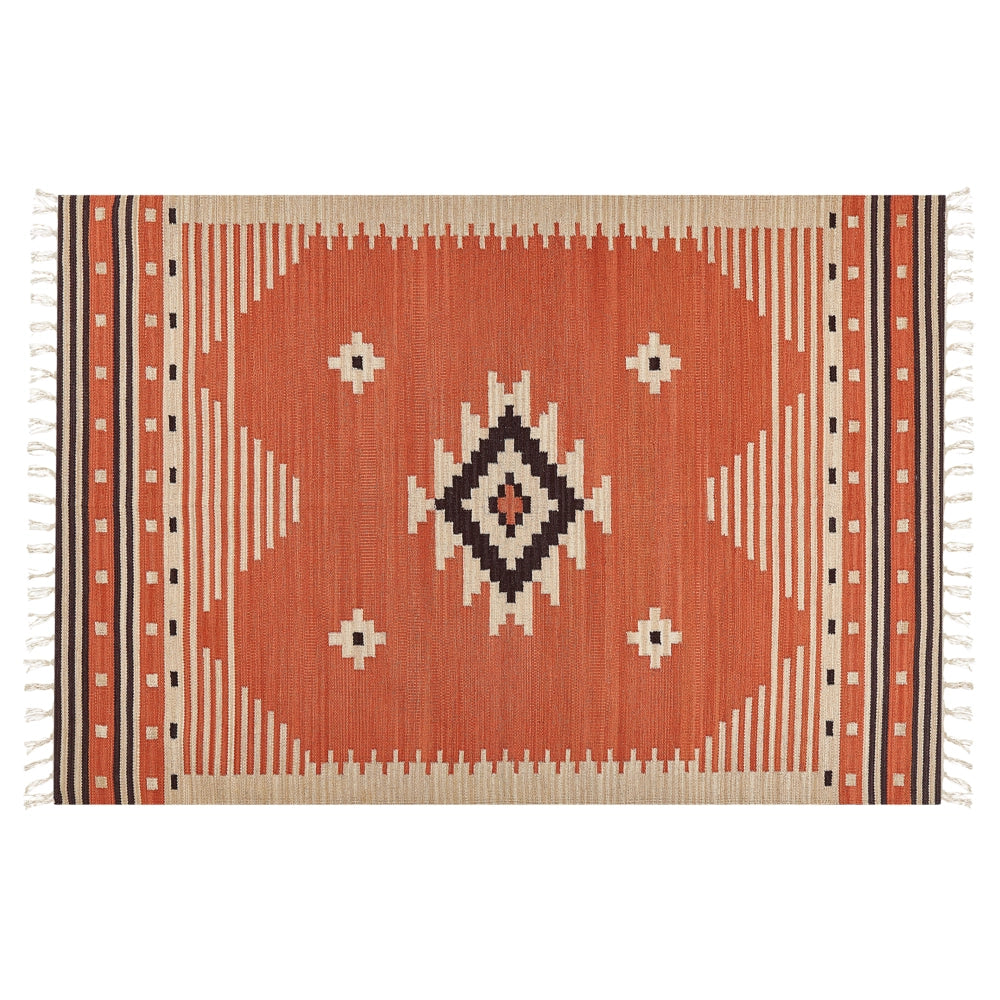 Tappeto Kilim in cotone multicolore 140 x 200 cm con motivo geometrico reversibile e frange Rettangolare Tradizionale