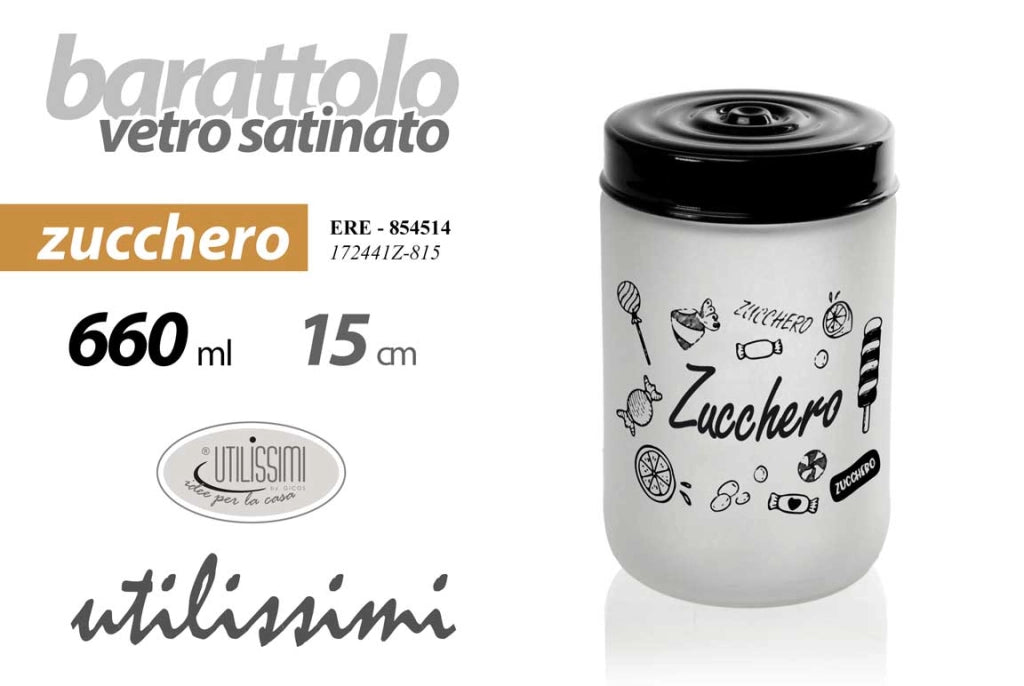 BARATTOLO IN VETRO SATINATO TOP NERO DA 660 ML 15 CM PER ZUCCHERO