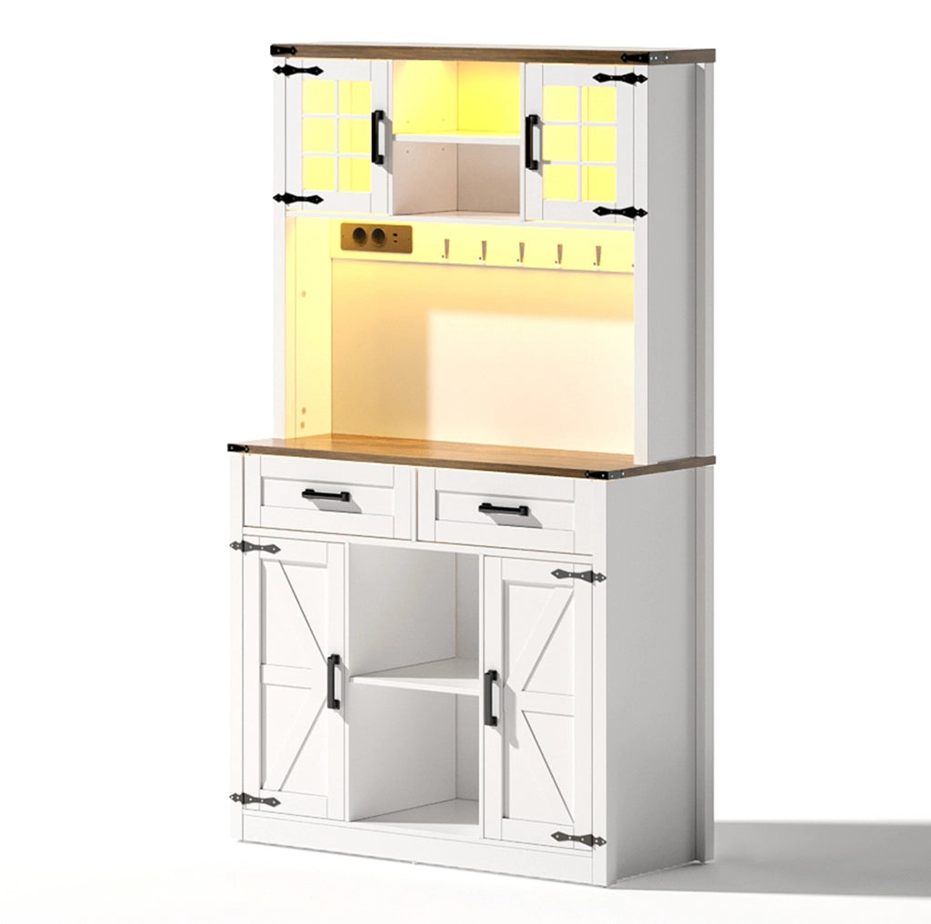 Mobile bar ULEVR con LED regolabili, prese USB e Type-C, ripiani regolabili e vani con ante in vetro, marrone e bianco