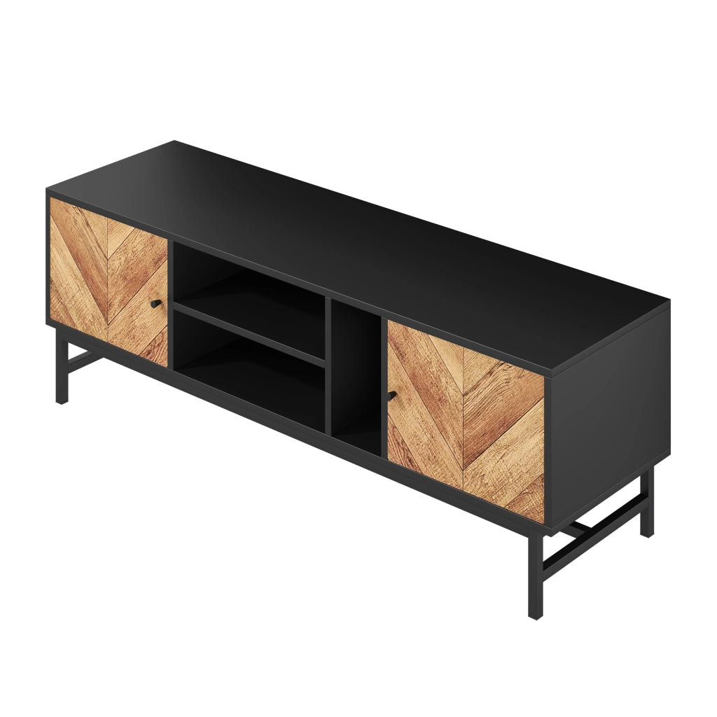 Mobile TV 150x38x50.5 cm; ampio spazio con vani e armadi; pannello truciolare e ferro; nero e colore naturale