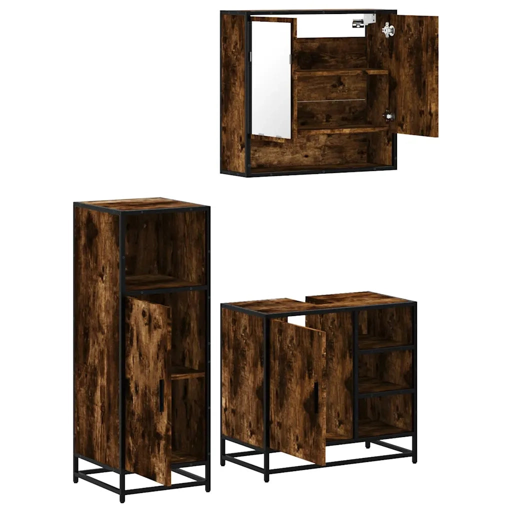 Set Mobili da Bagno | Armadio da bagno 3 pz Rovere Fumo in Legno Multistrato