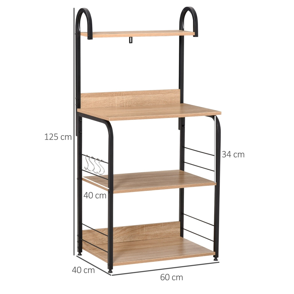 Mobiletto Microonde da Cucina con 4 Ripiani e 4 Ganci, in Acciaio e Legno, 60x40x125 cm, Color Legno