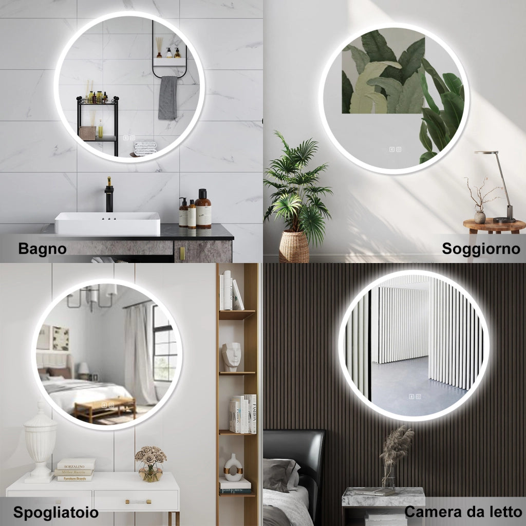 AICA Specchio da bagno 80 x 80 cm, blue tooth, 3 colori, antiappannamento, dimmerabile, interruttore touch, Funzione Memoria