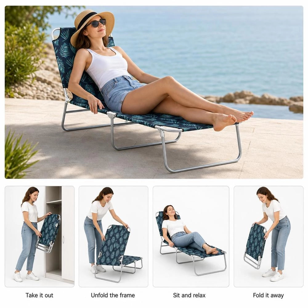 Folding Lounger, Steel And Fabric Leaf Pattern