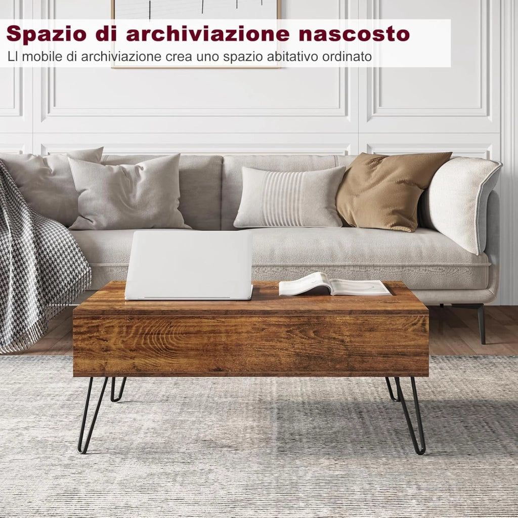 WOLTU Tavolino da Salotto, Tavolino da Caffè Sollevabile, Tavolino da Divano con Scomparto Nascosto, Stile Industriale, 95x50x(40-55,5) cm, Legno Marrone Vintage + Metallo Nero, BTS18hov