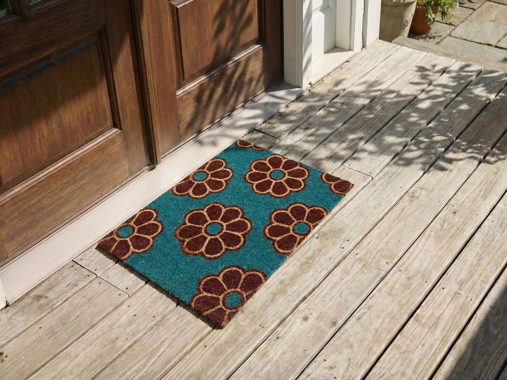Zerbino in fibra di cocco tappetino blu con fondo in gomma 40 x 60 cm Antiscivolo Decorativo Motivo floreale Zerbino di benvenuto