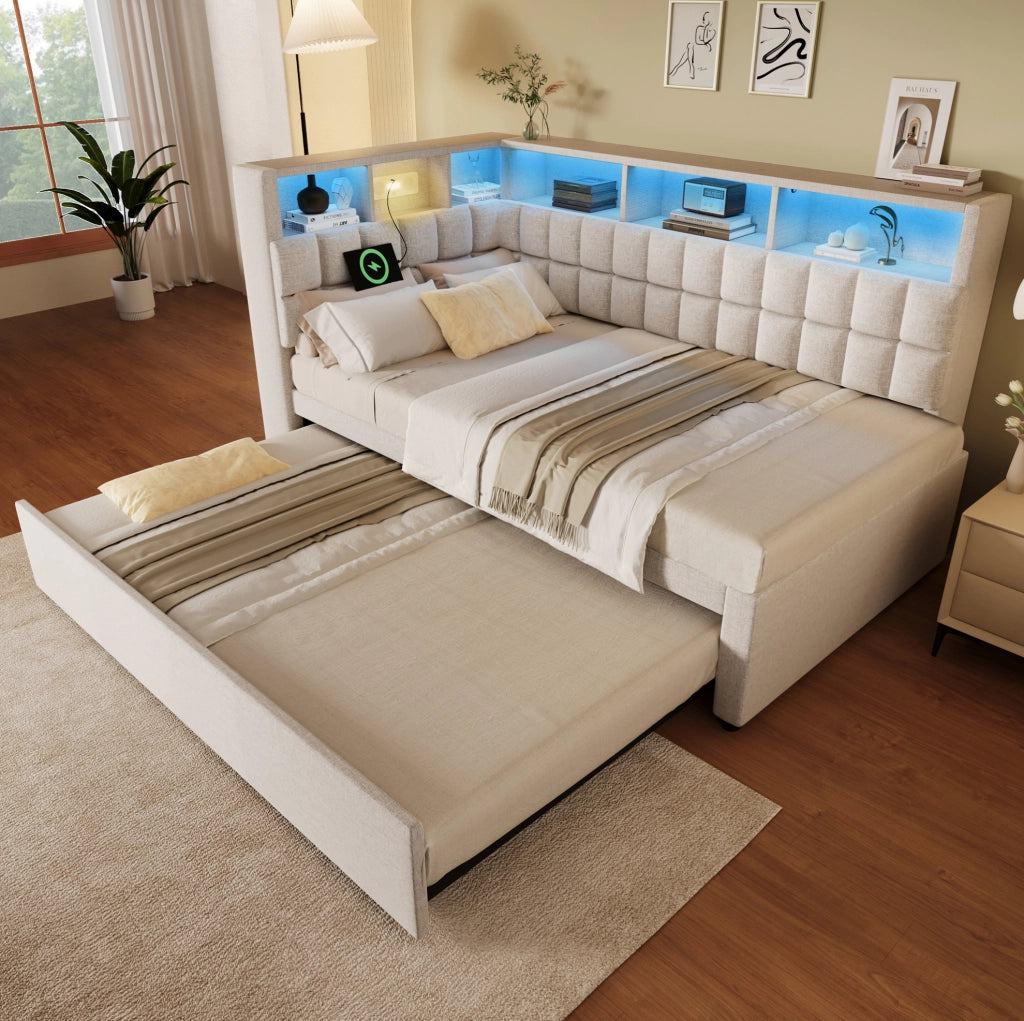 Letto imbottito 90x200 con letto estraibile, LED, Bluetooth e ricarica USB/Type-C