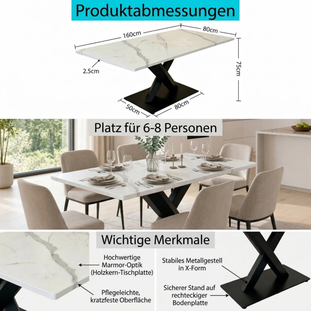 Tavolo da pranzo - rettangolare moderno - base nera a X - MDF bianco marmo - per 6-8 persone
