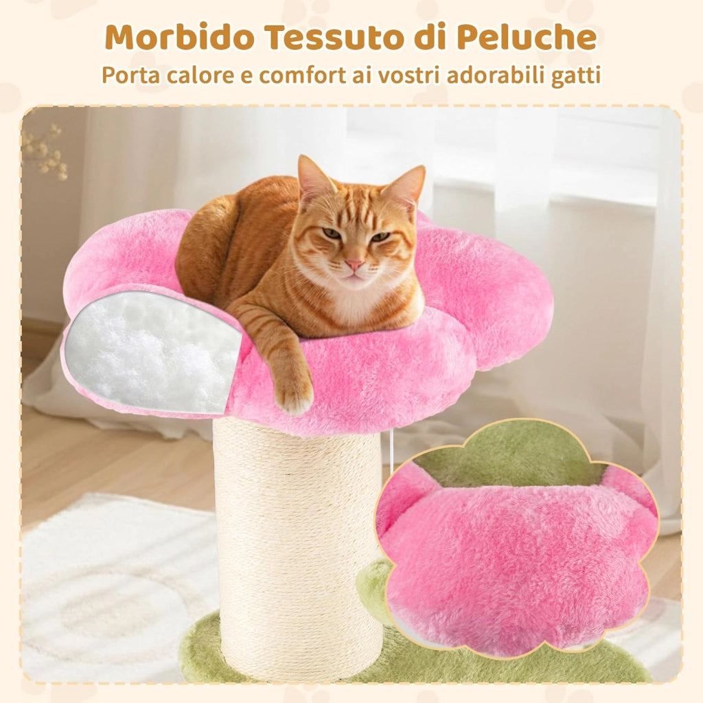 Albero per Gatti da Interno Alto 69 cm, Tiragraffi per Gatti a Forma di Fiore con Piedistallo Imbottito in Pile, Tiragraffi in Sisal e Pallina Appesa, Mobili per Gattini a Più Livelli (Rosa)