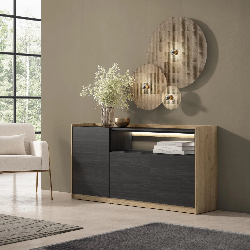 Credenza, Mobile, Cucina, 156x80x37 cm, 3 Porte, LED, Nero e rovere