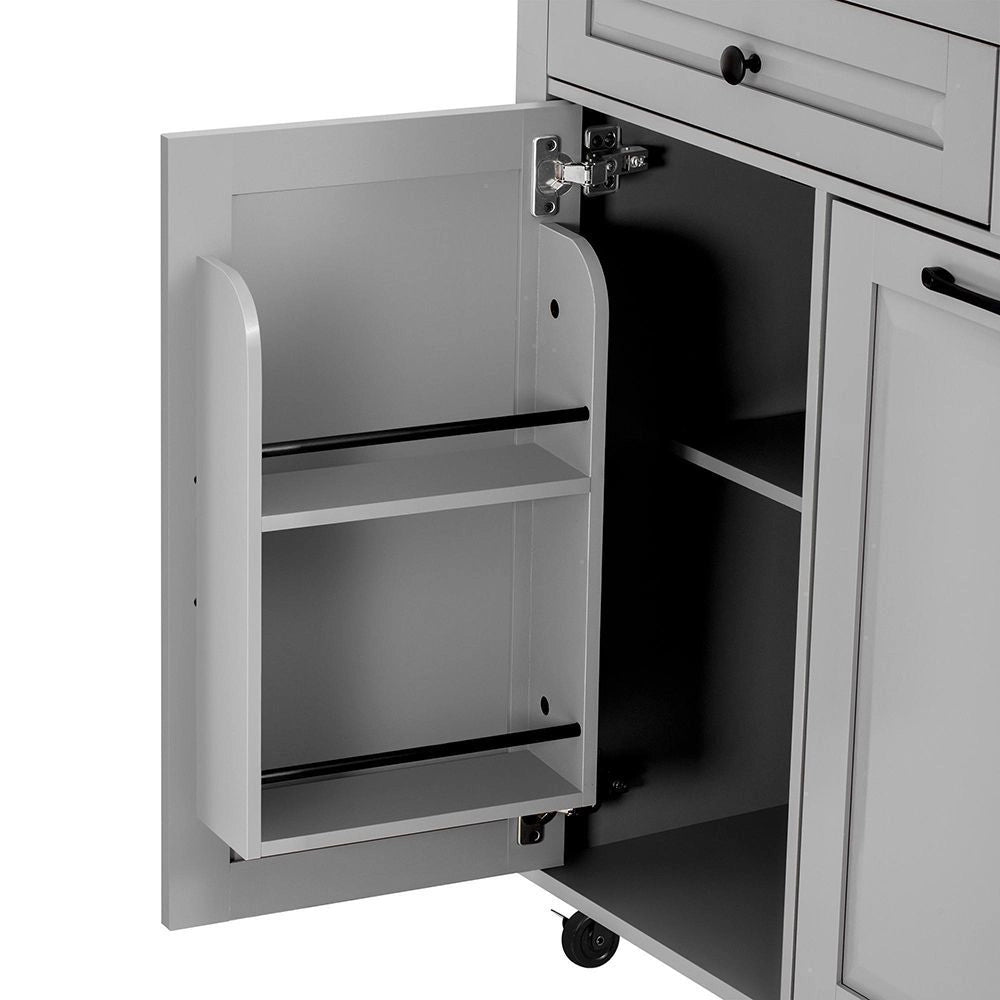 Isola cucina mobile con tavolo estendibile - Xylo - Grigio - Compartimento rifiuti e multipresa