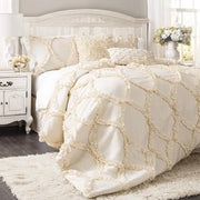 Set di coperte da letto in stile rurale romantico, 3 pezzi, a due piazze, con ruches, colore ivory
