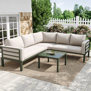 Set Mobili da Giardino con Cuscini Beige ¨C MINIMAL ¨C Poltrona, Divano, Tavolino in Vetro, 4-5 Posti