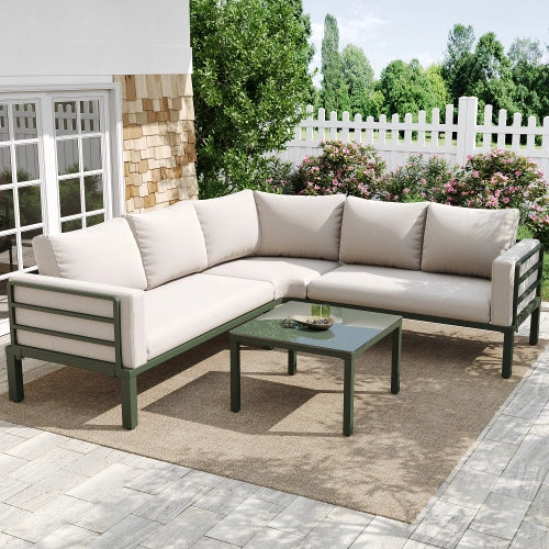 Set Mobili da Giardino con Cuscini Beige ¨C MINIMAL ¨C Poltrona, Divano, Tavolino in Vetro, 4-5 Posti