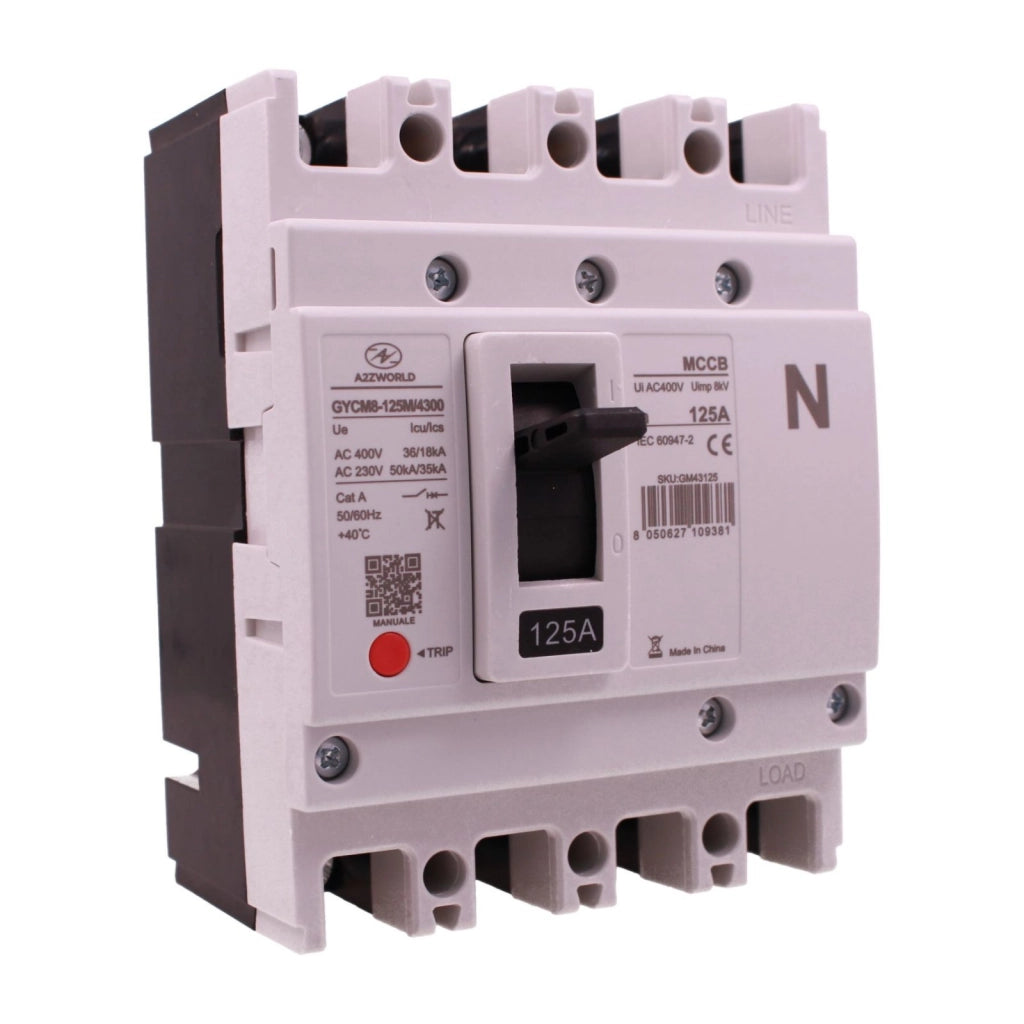 Interruttore Scatolato MCCB 4P 100A/125A 36kA, Magnetotermico Trifase AC 400V (125A)