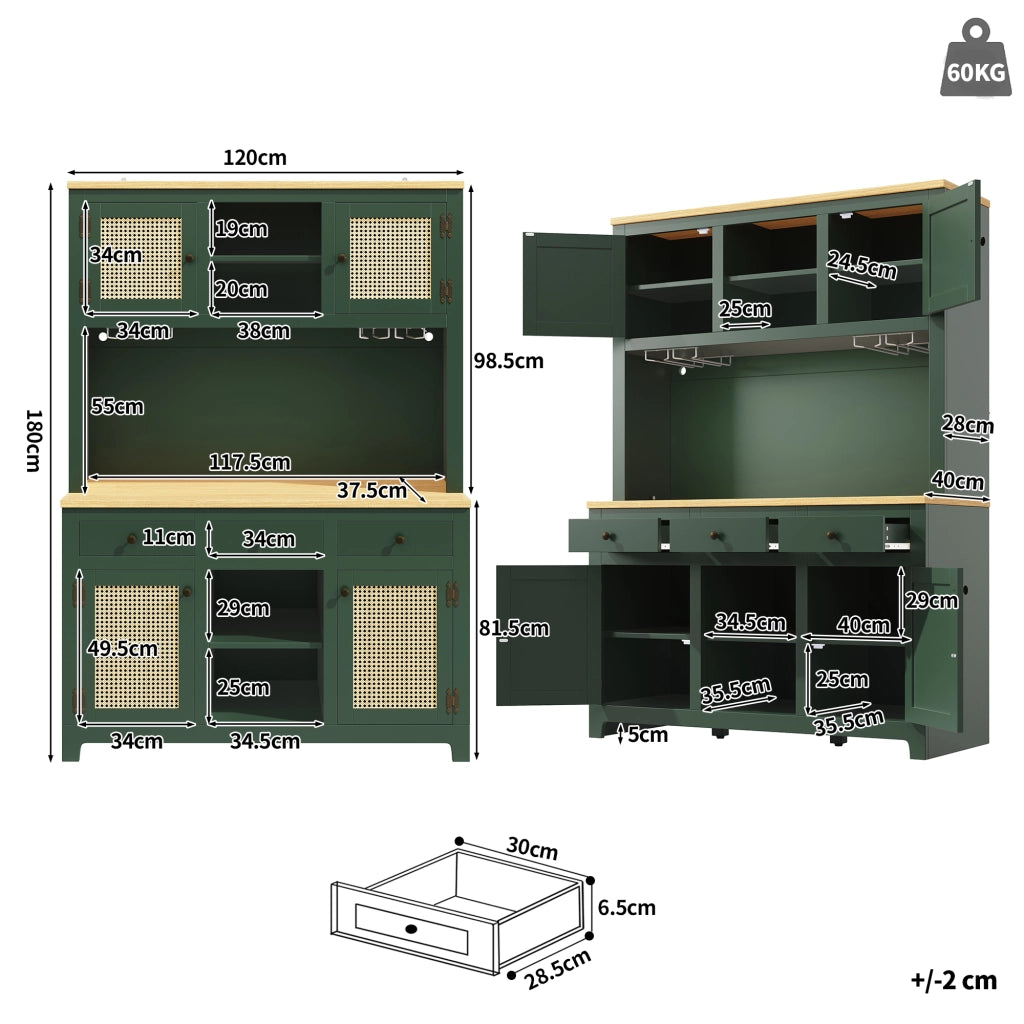 Credenza alta con LED e ante in PE rattan, ripiani regolabili e cassetti, per cucina e soggiorno, verde antico