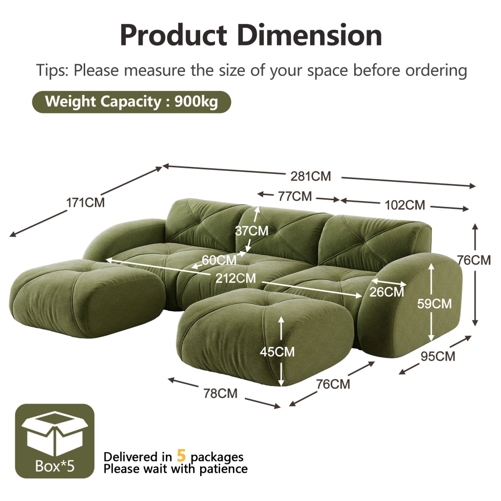 Divano panoramico in U modulare senza struttura con 2 pouf per soggiorno e relax in chenille verde 281 × 171 × 76 cm