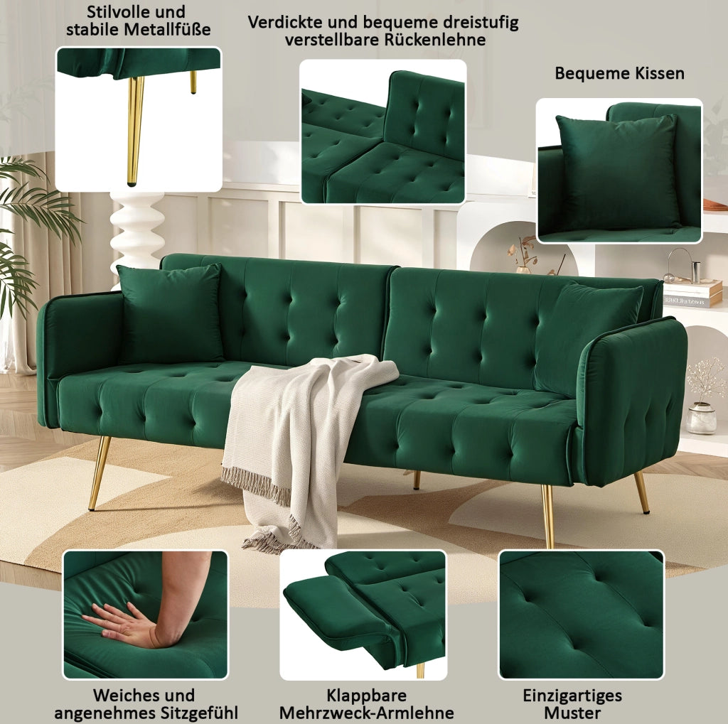 Divano letto 2 posti convertibile con schienale e braccioli regolabili; 215x81;5 cm; verde