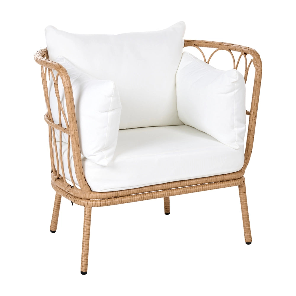 Sedia da Giardino con Poggiapiedi in Rattan PE Marrone Chiaro Struttura in Acciaio e Gambe in Metallo Cuscini Bianco Sporco Arredo da Esterno