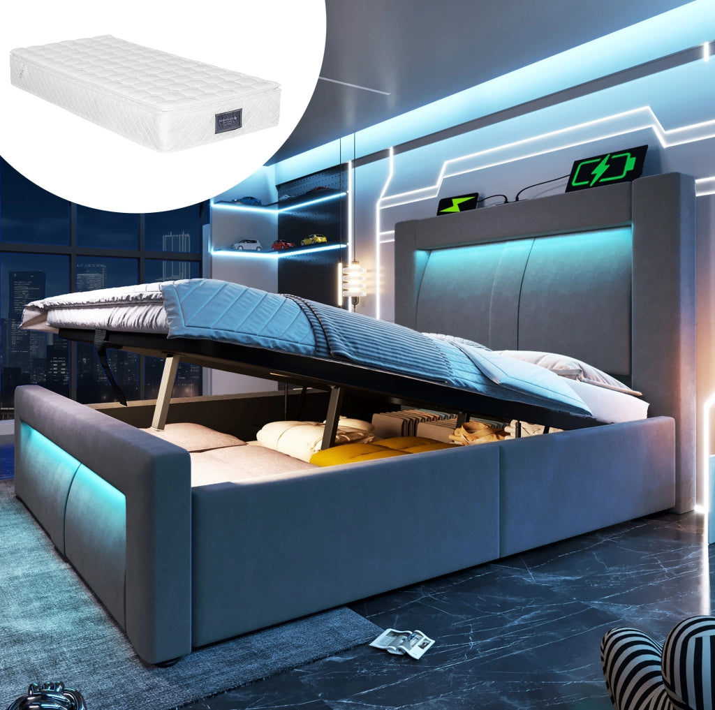Letto singolo 90x200 cm con contenitore, LED, USB-C e materasso