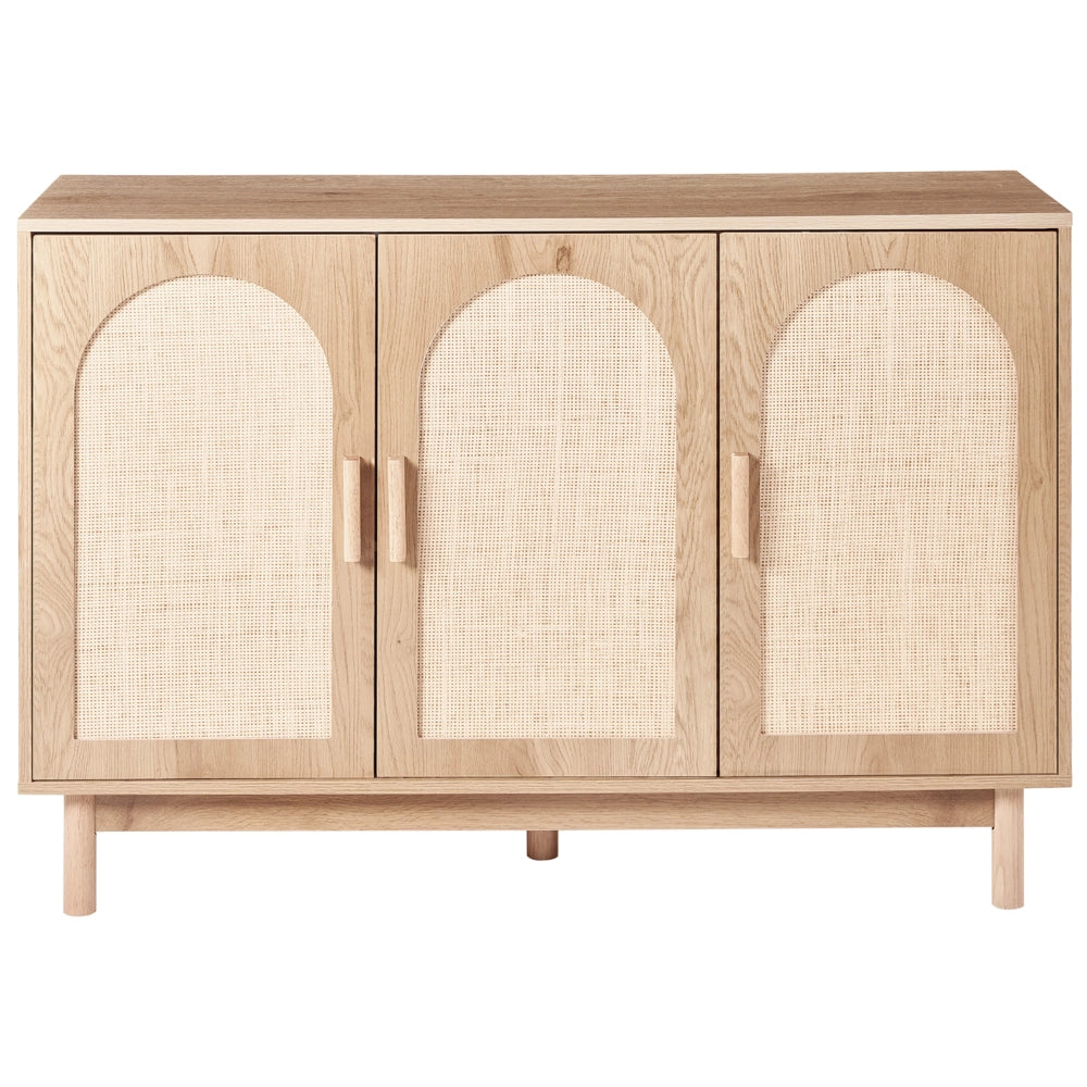 Credenza a 3 ante Marrone chiaro Pannello truciolare Frontale in rattan Gambe in legno Stile boho Mobile contenitore per soggiorno