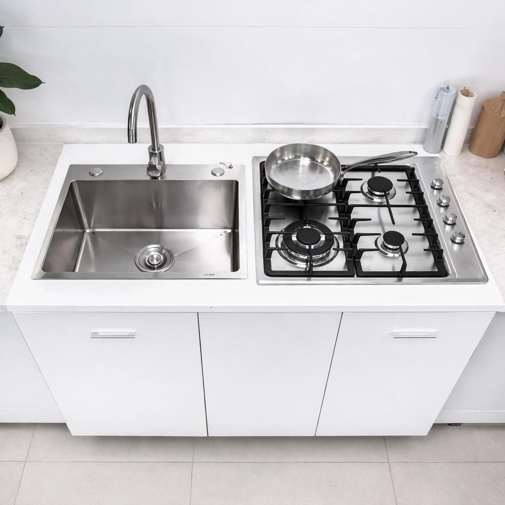 Cucina Completa 120x60 cm Bianco con Piano Cottura 4 Fuochi Lavello Rubinetteria