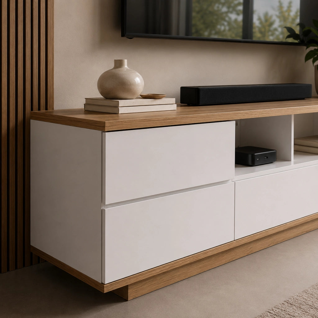 Mobile TV Con 4 Ante Anta A Ribalta 2 Vani A Giorno Passacavi In MDF Resistente Mobile Basso Per Soggiorno Living Salotto Moderno E Organizzato 180 x 38 x 46 Cm Bianco E Rovere