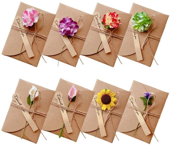 Set di 8 carte con fiori essiccati, con involucro di carta Kraft, fiori essiccati, set di cartoline, cartolina retro bianca per Madre, Giorno del Ringraziamento, compleanno, matrimonio, uso quotidiano, 113