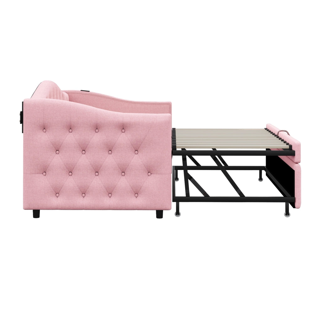 DESMIU Divano letto 90 × 200 cm 1 posto con porta USB, in lino, con materasso, rosa
