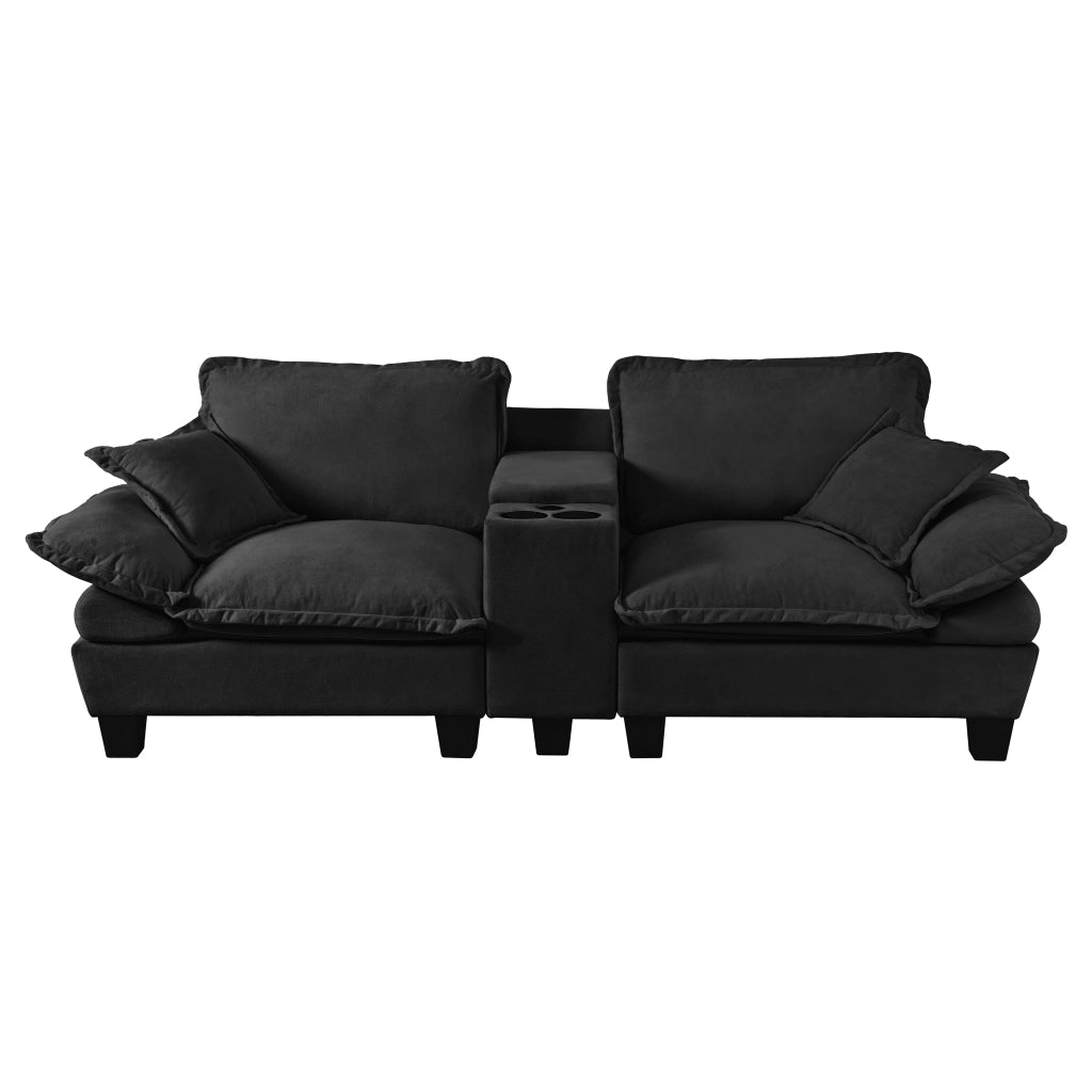 Divano modulare con USB; contenitore e portabicchieri - in chenille - nero - 224 × 82 × 90 cm