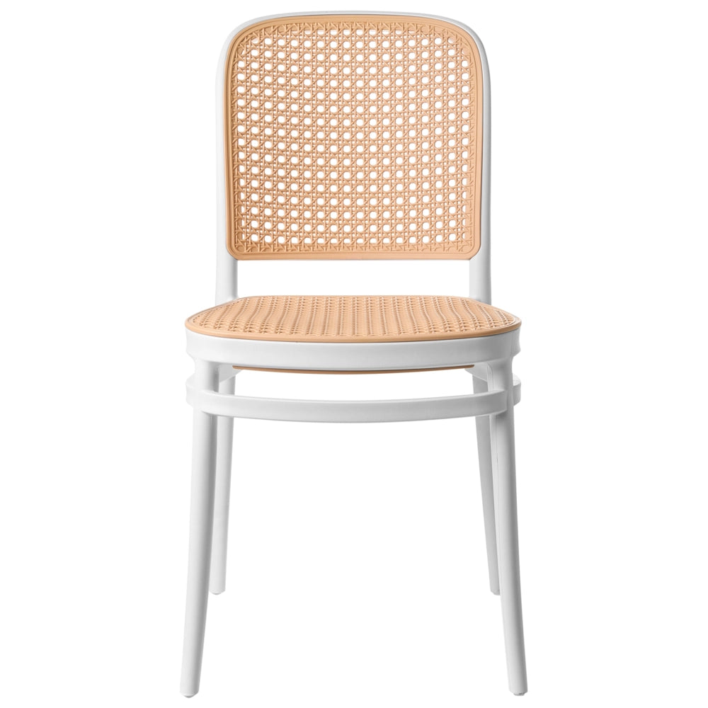 Set di 4 sedie da pranzo impilabili in plastica e senza braccioli, di colore beige e bianco stile moderno