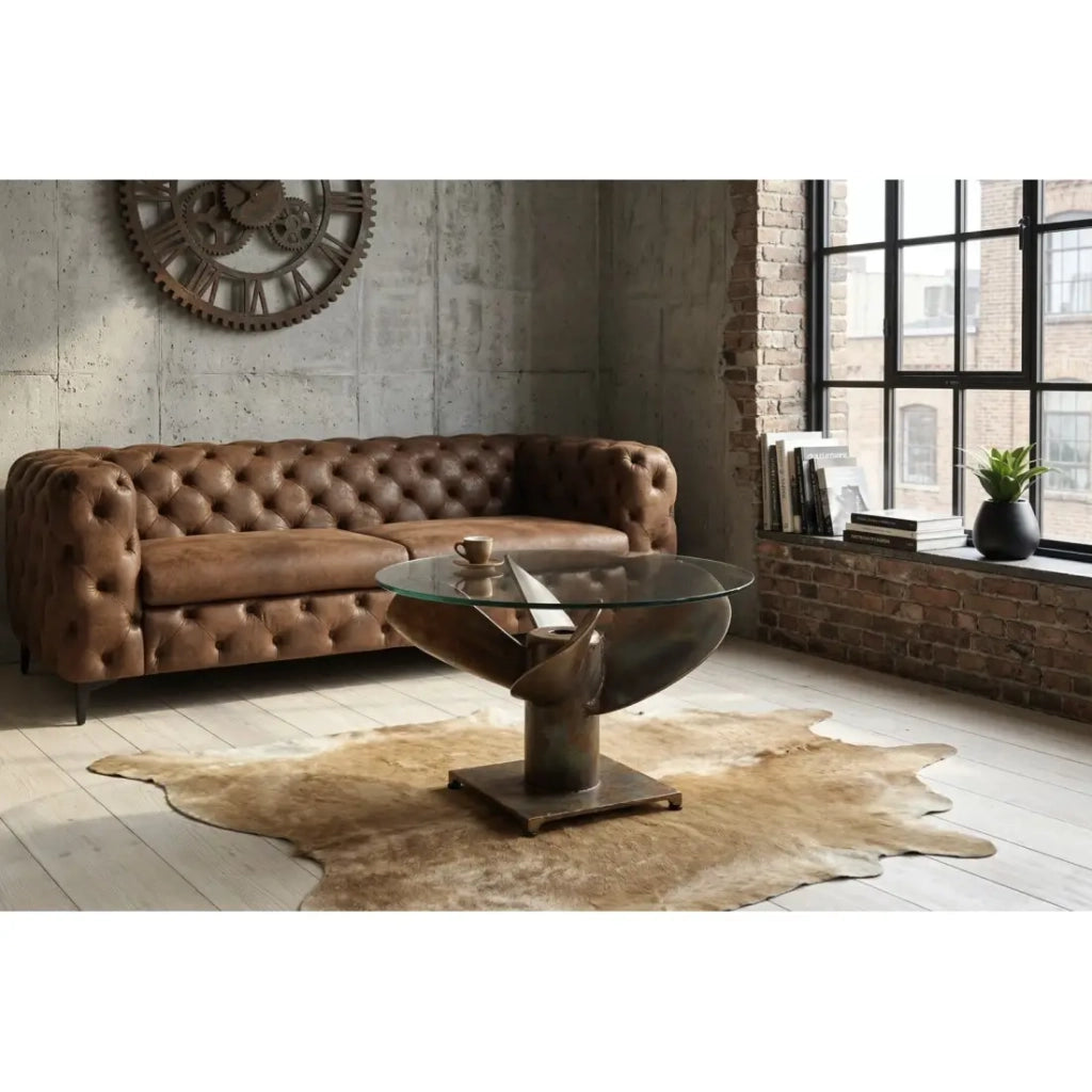 Tavolino basso ALUMIA rotondo 70 cm in vetro temperato e alluminio finitura rame - design industriale elica