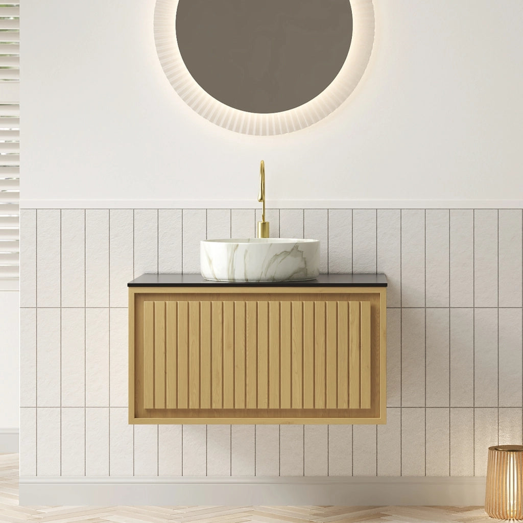 Mobile sottolavabo sospeso con lavabo rotondo in ceramica e cassetto frontale rigato per bagno rovere e nero