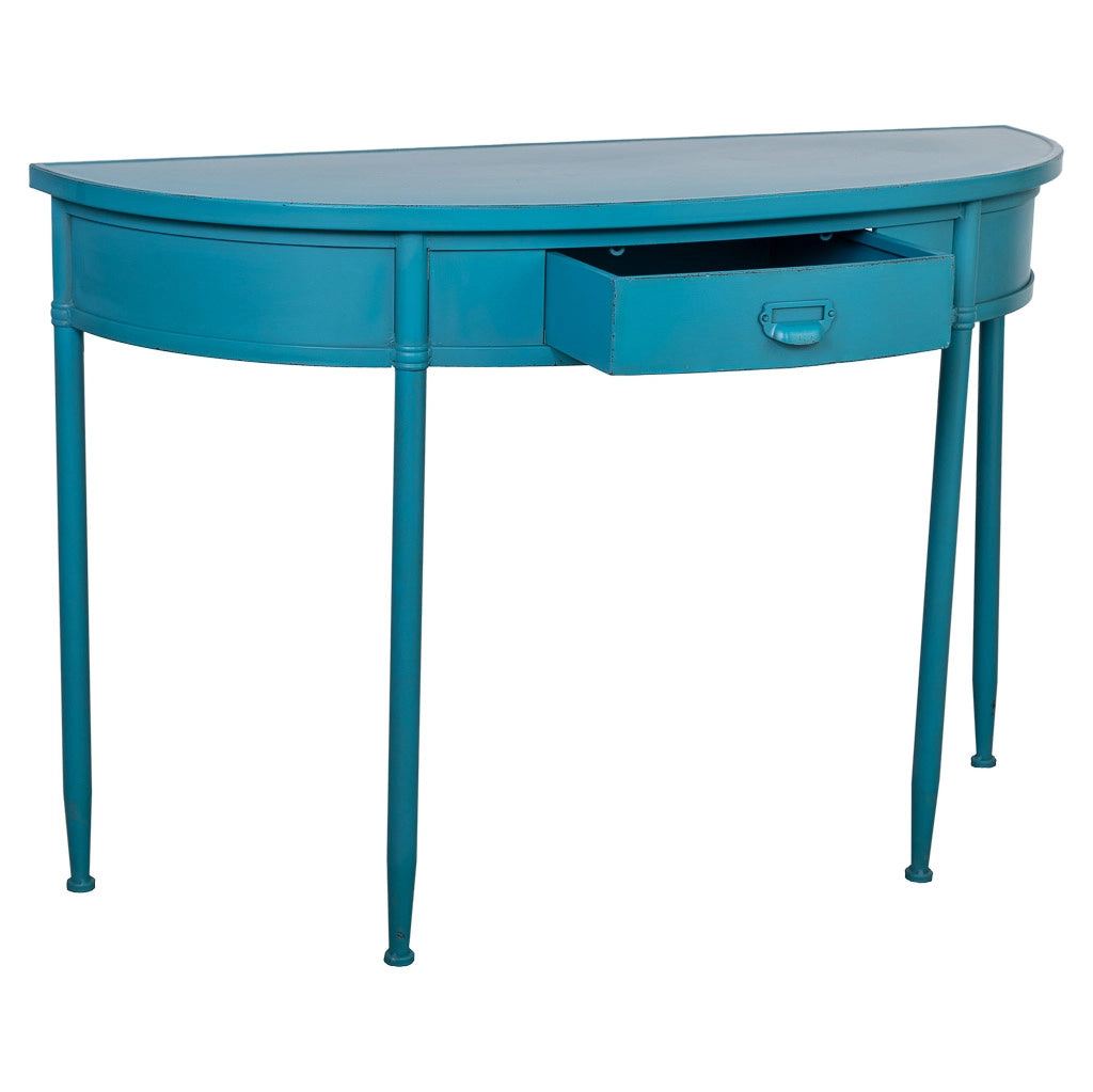 Console in metallo con 1 cassetto blu invecchiato 120x44x80
