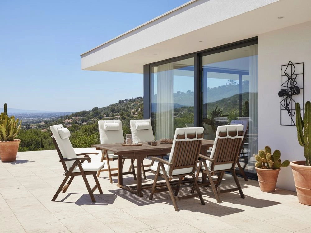 Set da giardino con 6 sedie in legno di acacia marrone scuro con cuscini bianco sporco in stile rustico con cuscini
