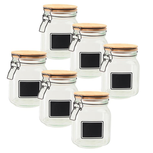 MA MAISON SET 6 PURE GLAS BARATTOLI IN VETRO CON TAPPO IN LEGNO CHIUSURA A CLIP + ETICHETTA PER PERSONALIZZAZIONE 12X12X16H CM