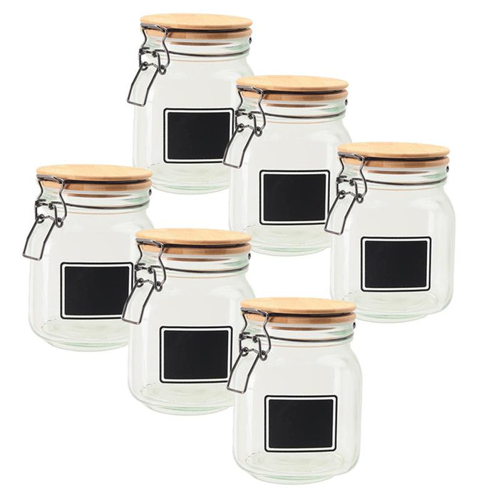 MA MAISON SET 6 PURE GLAS BARATTOLI IN VETRO CON TAPPO IN LEGNO CHIUSURA A CLIP + ETICHETTA PER PERSONALIZZAZIONE 12X12X16H CM