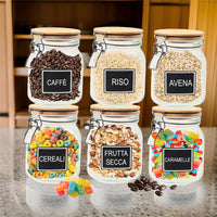 MA MAISON SET 6 PURE GLAS BARATTOLI IN VETRO CON TAPPO IN LEGNO CHIUSURA A CLIP + ETICHETTA PER PERSONALIZZAZIONE 12X12X16H CM