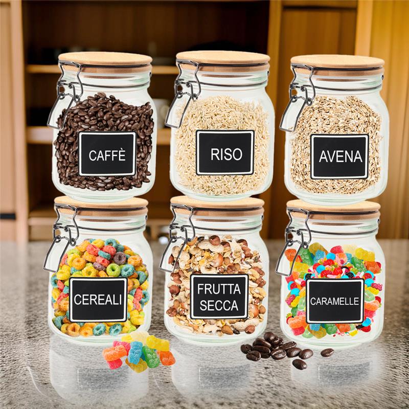 MA MAISON SET 6 PURE GLAS BARATTOLI IN VETRO CON TAPPO IN LEGNO CHIUSURA A CLIP + ETICHETTA PER PERSONALIZZAZIONE 12X12X16H CM