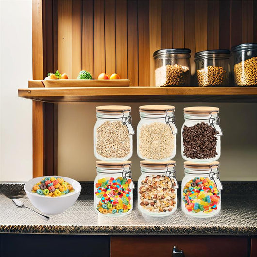 MA MAISON SET 6 PURE GLAS BARATTOLI IN VETRO CON TAPPO IN LEGNO CHIUSURA A CLIP + ETICHETTA PER PERSONALIZZAZIONE 12X12X16H CM