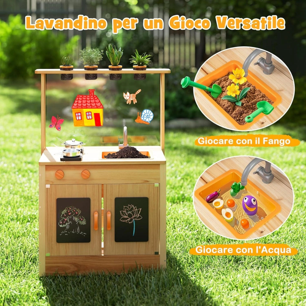 Cucina Giocattolo per Giardino con Lavagna Acrilica per Dipingere, Cucina in Legno di Abete per Bambini con 4 Vasi da Giardinaggio, Set Cucina con Accessori, 68 x 34 x 93 cm