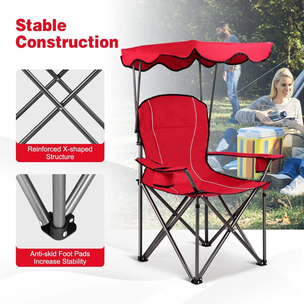 Sedia Pieghevole da Campeggio Leggera con Tetto, 2 Portabicchieri e Borsa per il Trasporto, per Patio, Spiaggia, Campeggio, 91x67x137cm, 2 Colori (Rosso)